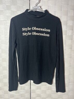 Zara Black Ribbed Long Sleeve Top with Cream Logo